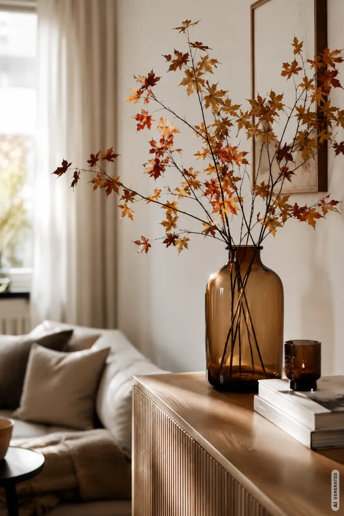 Moderne Herbstdeko für kleine Wohnzimmer mit hoher Vase, Herbstzweigen und ruhiger Dekoration auf dem Sideboard.