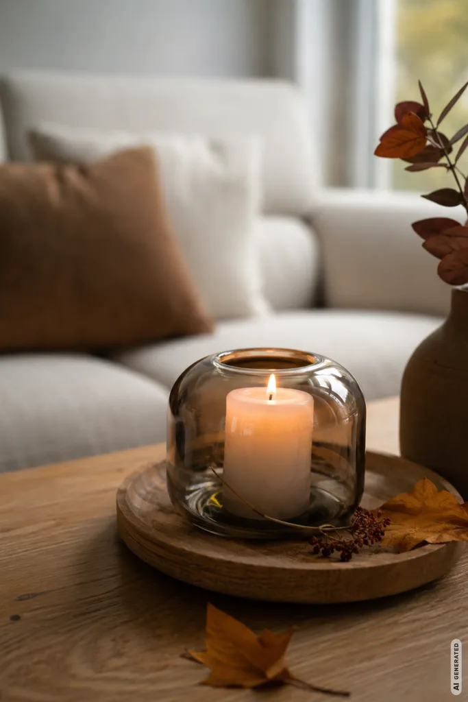 Moderne Herbstdeko für kleine Wohnzimmer mit Kerze, Holztablett und warmem Licht.