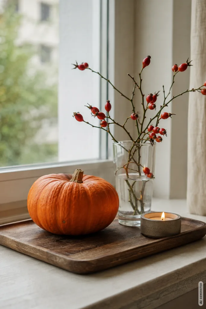 Herbstdeko für die Fensterbank selber machen mit Kürbis, Hagebutten und Kerze auf einem Holztablett.
