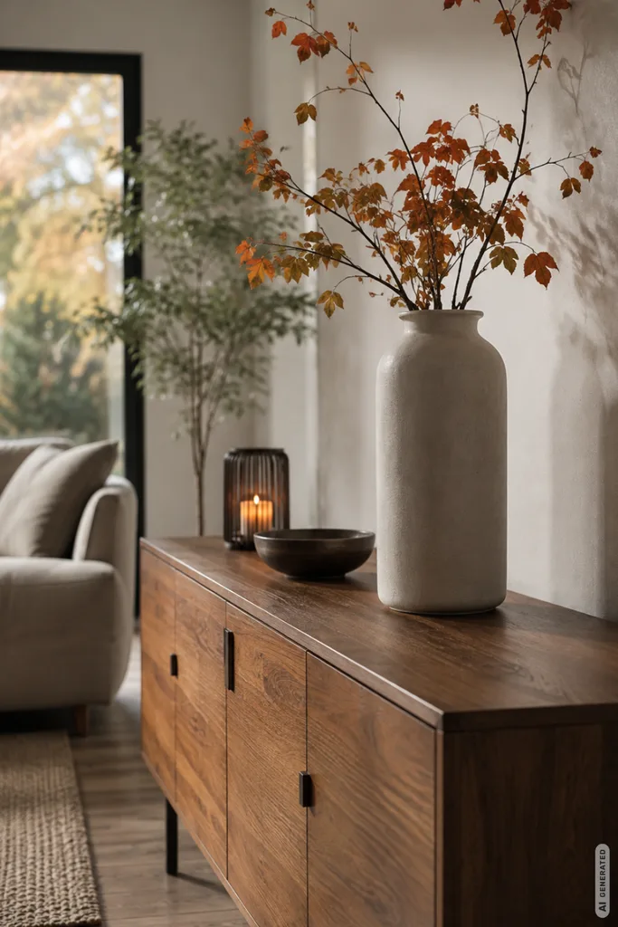 Moderne Herbstdeko fürs Wohnzimmer mit Vase, Zweigen und Kerze auf einem Holzsideboard.