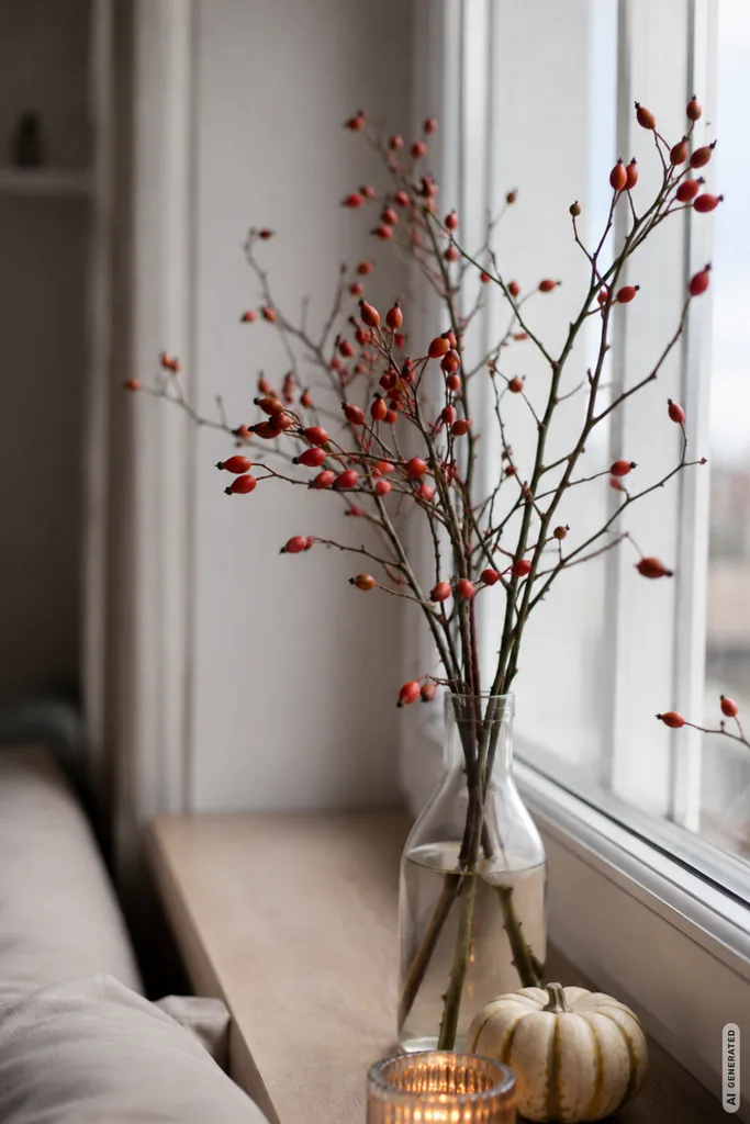 Herbstdeko für die Fensterbank selber machen mit Hagebuttenzweigen, Kürbis und Kerzenglas.
