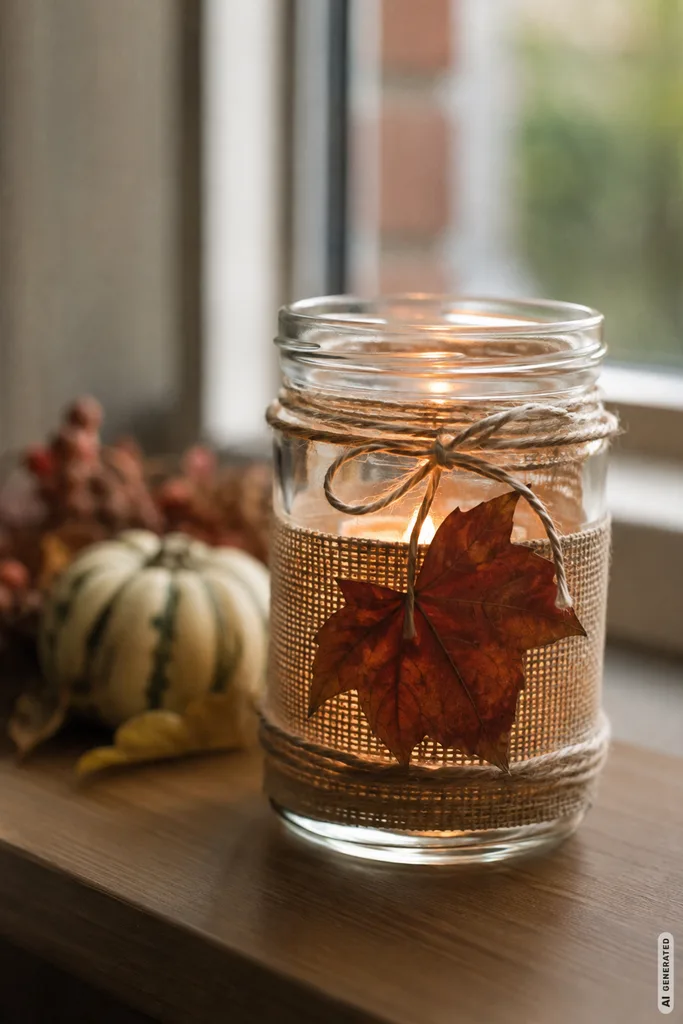 Herbstdeko für die Fensterbank selber machen mit dekoriertem Kerzenglas, Blatt und kleinem Kürbis.