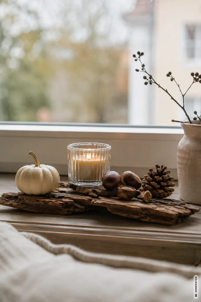Herbstdeko für die Fensterbank selber machen mit Holz, Kürbis, Kastanien und Kerzenglas