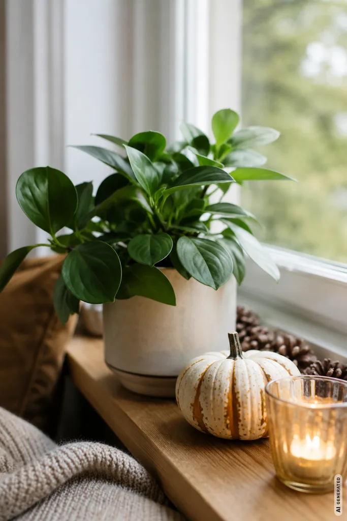 Herbstdeko für die Fensterbank selber machen mit Zimmerpflanze, Kürbis und Kerzenglas.