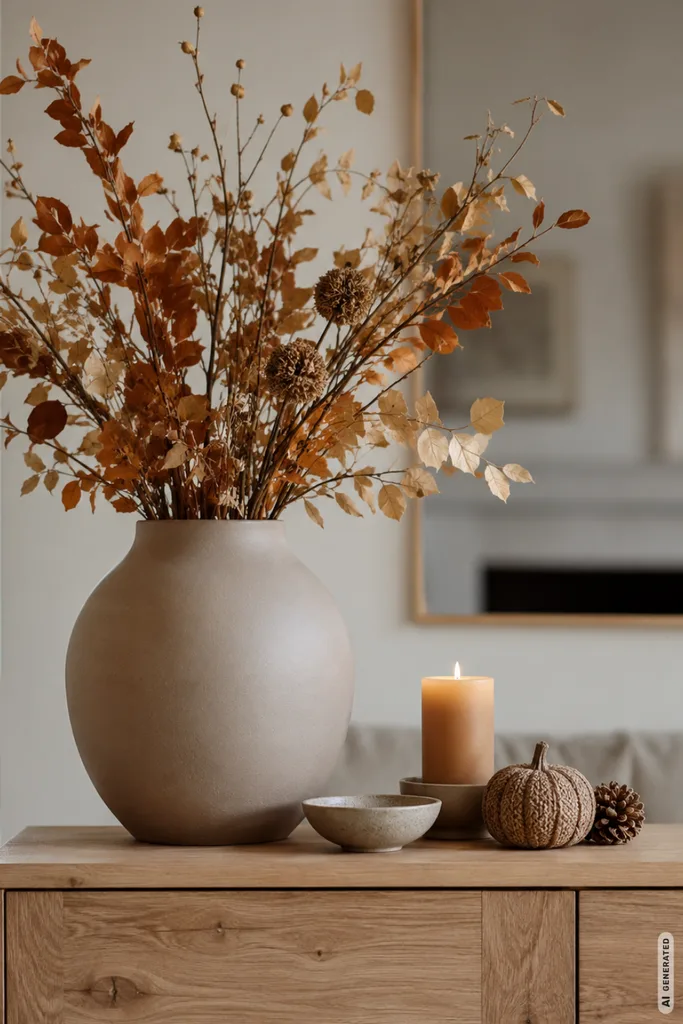 Herbstdeko fürs Sideboard selber machen mit Vase, Zweigen, Kerze und kleinem Kürbis in warmen Naturtönen.