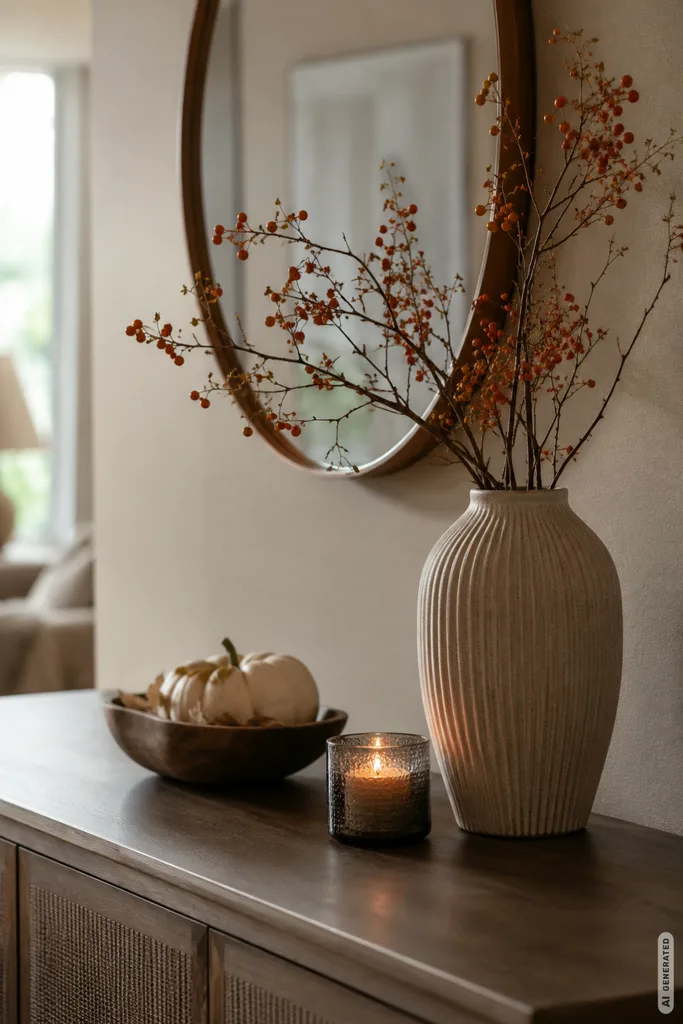 Herbstdeko fürs Sideboard selber machen mit hoher Vase, Zweigen, Kerze und kleiner Schale in warmen Naturtönen.