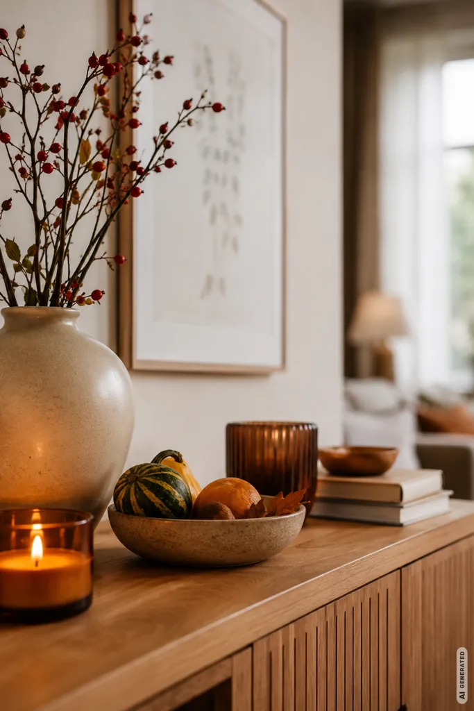 Herbstdeko fürs Sideboard selber machen mit Vase, Kürbissen, Kerze und warmen Naturtönen.