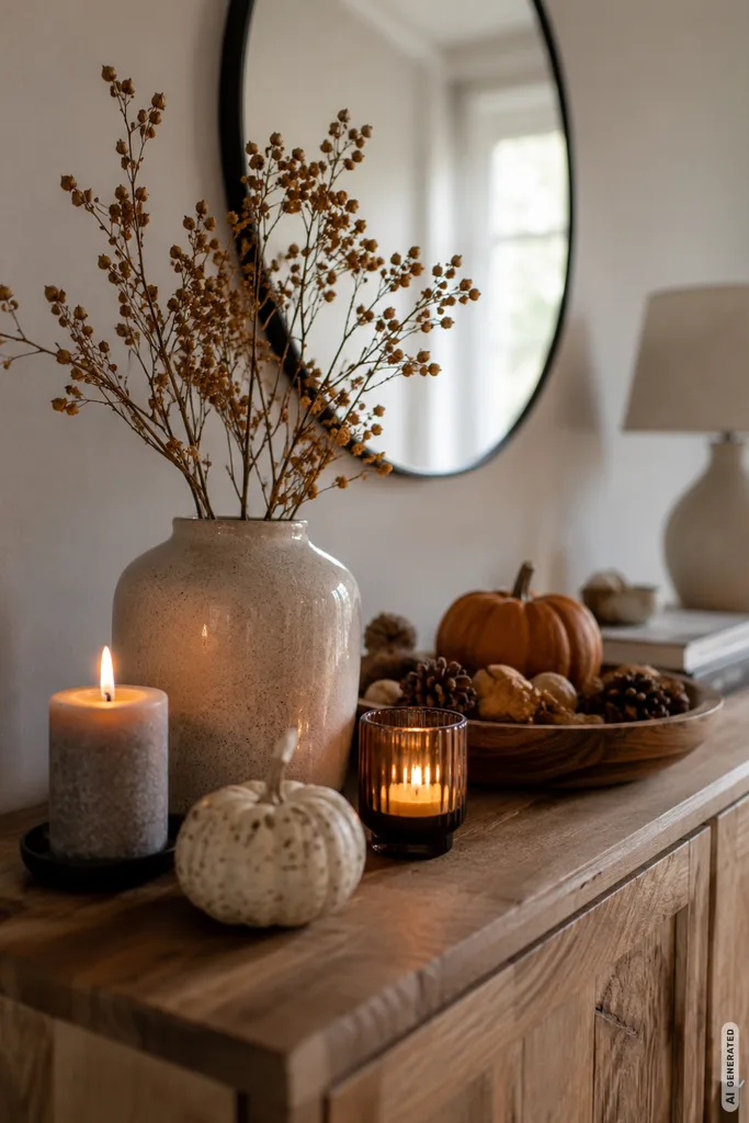 Herbstdeko fürs Sideboard selber machen mit Vase, Kürbissen, Kerzen und gestaffelten Naturmaterialien.