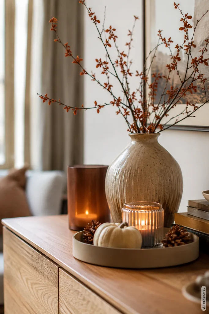 Herbstdeko fürs Sideboard selber machen mit Vase, Kürbis, Kerze und natürlichen Herbstzweigen.