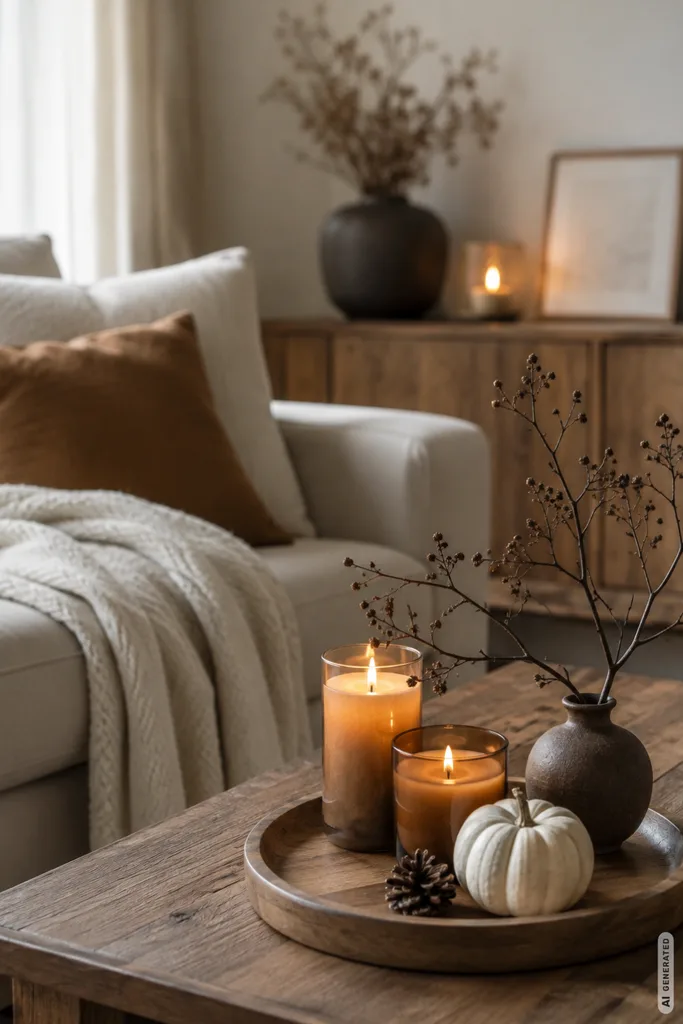 Moderne Herbstdeko fürs Wohnzimmer mit Kerze, Vase und warmen Naturtönen auf einem Holztisch.