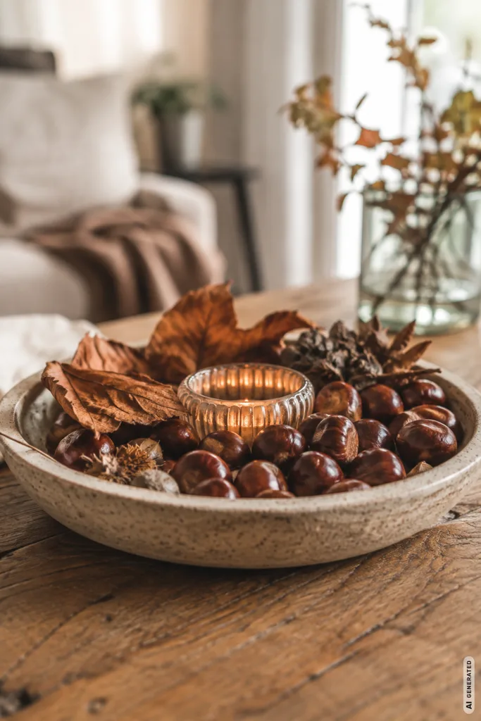 Herbstdeko mit Kastanien in einer Schale mit Blättern und Kerze auf einem Holztisch.