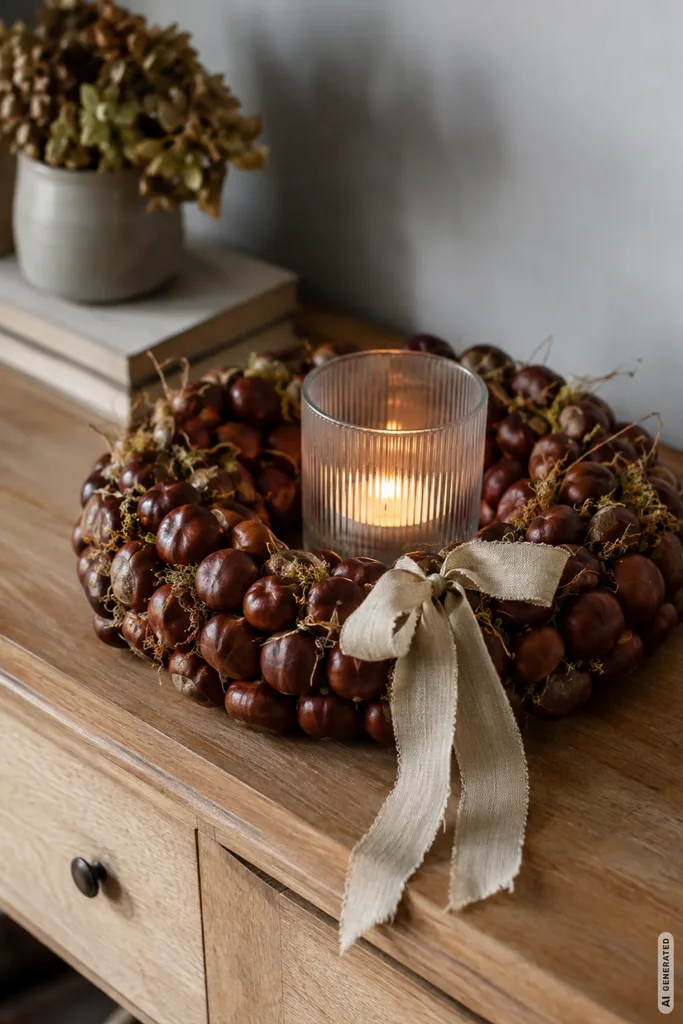 Herbstdeko mit Kastanien: Kastanienkranz mit Kerze, Moos und Leinenband auf einem Holzsideboard.