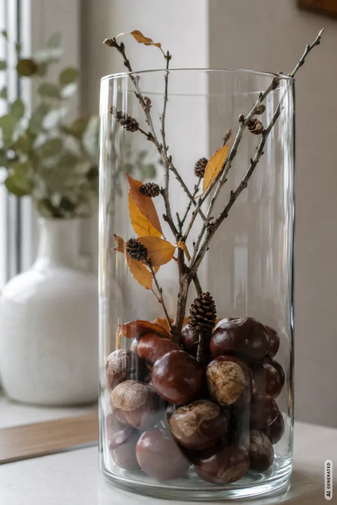 Herbstdeko mit Kastanien im Glas auf der Fensterbank mit Zweigen und herbstlichem Laub.