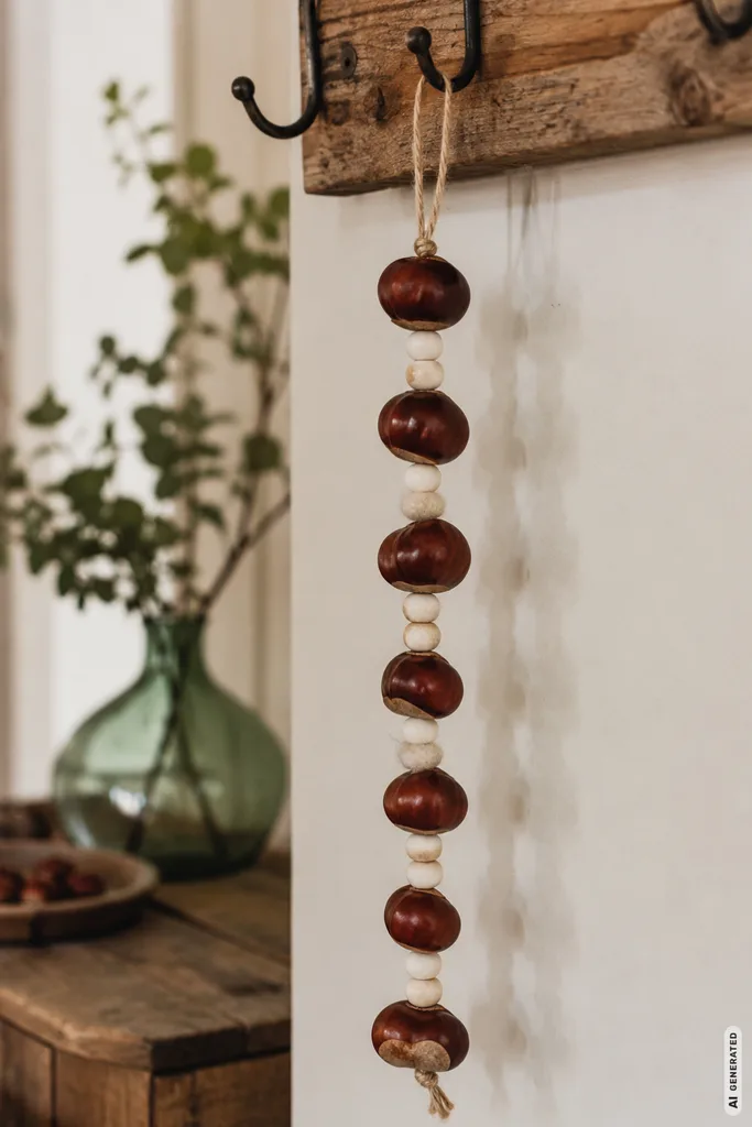 Herbstdeko mit Kastanien basteln: natürliche Kastaniengirlande mit Holzperlen an einem Wandhaken.