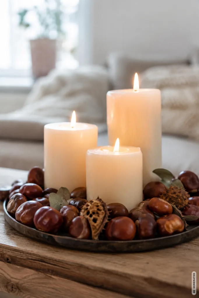 Herbstdeko mit Kastanien basteln: Kerzen und Kastanien auf einem Tablett im Wohnzimmer.