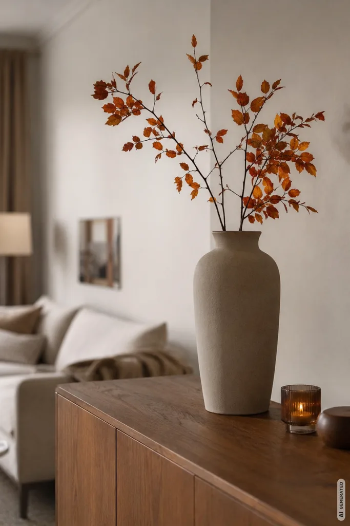 Minimalistische Herbstdeko fürs Wohnzimmer mit Vase, Herbstzweigen und Kerzen auf einem Sideboard.