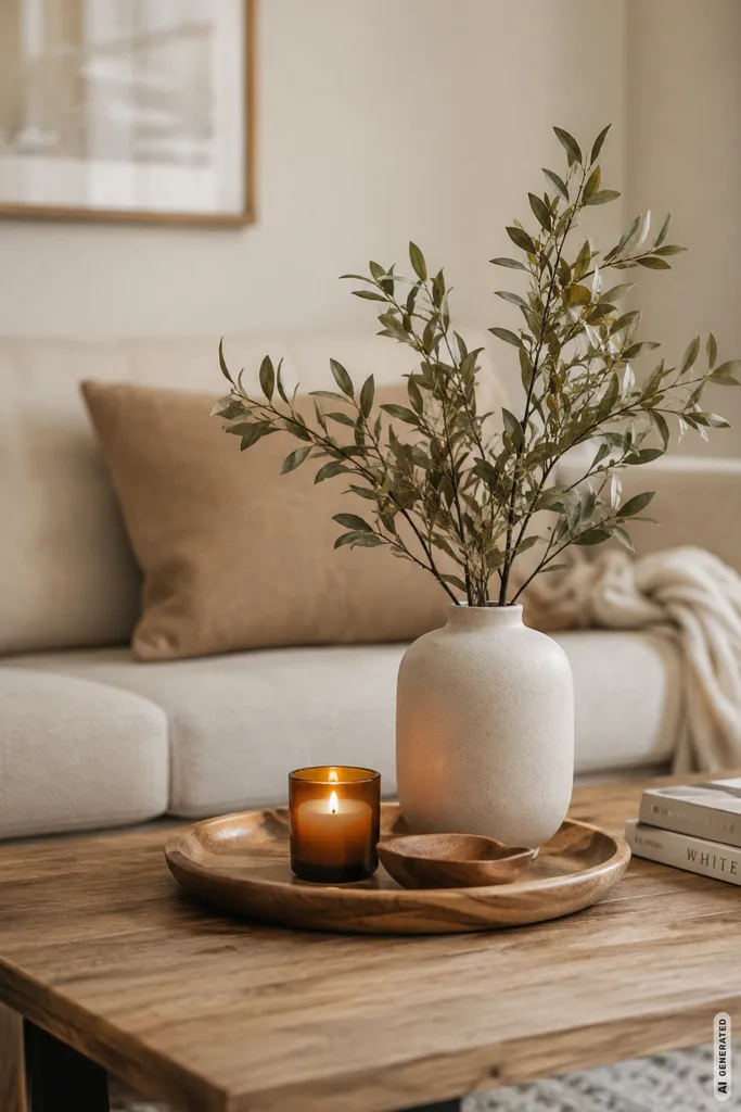 Minimalistische Herbstdeko fürs Wohnzimmer mit Keramikvase, Holztisch, Kerze und warmen Naturtönen.