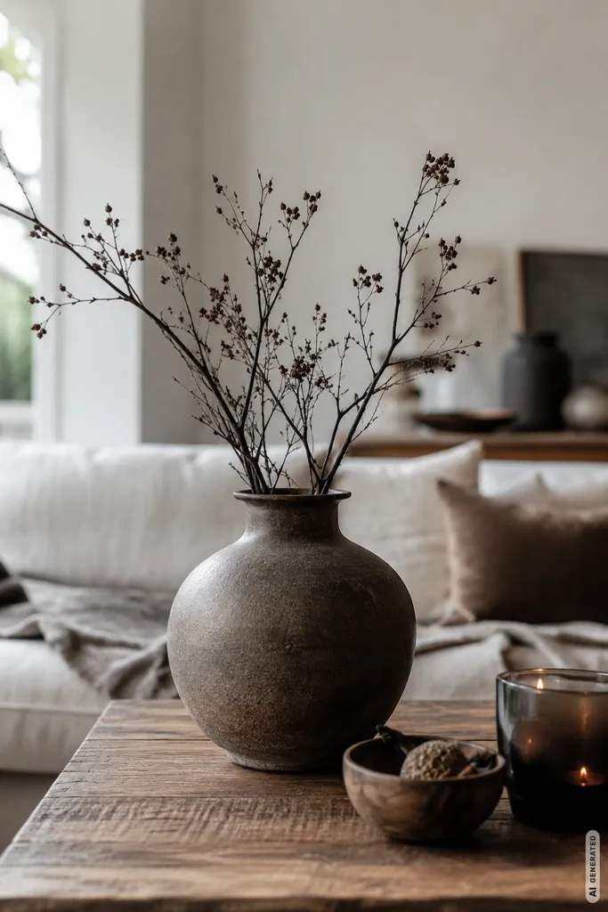 Minimalistische Herbstdeko fürs Wohnzimmer mit dunkler Keramikvase, Zweigen, Holz und warmem Kerzenlicht.