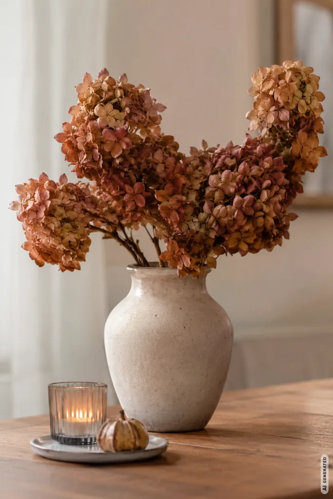 Moderne Herbstdeko für den Esstisch mit Trockenblumen, Kerze und kleiner Kürbisdeko in warmen Naturtönen.