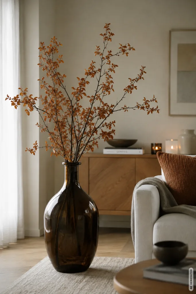 Moderne Herbstdeko fürs Wohnzimmer mit großer Bodenvase, Herbstzweigen und warmen Naturtönen.