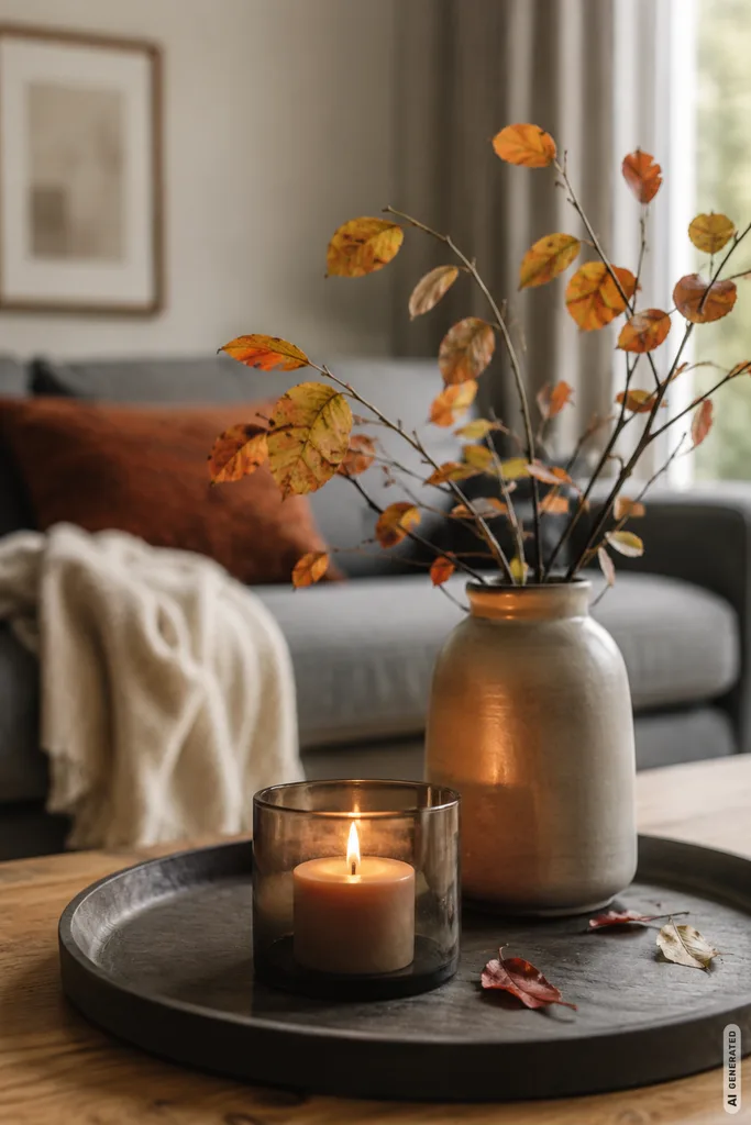 Minimalistische Herbstdeko fürs Wohnzimmer mit Kerze, Vase und herbstlichen Zweigen auf einem Holztisch.