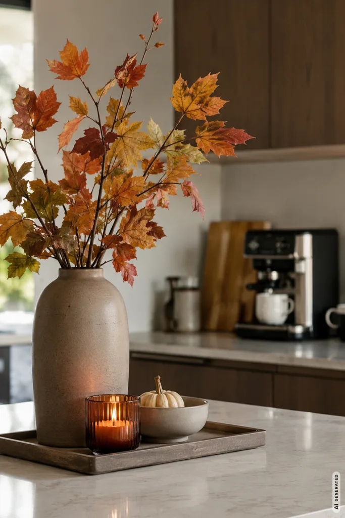 Moderne Herbstdeko für die Küche mit Vase, Herbstzweigen, Kerze und kleinem Kürbis auf einem Tablett.