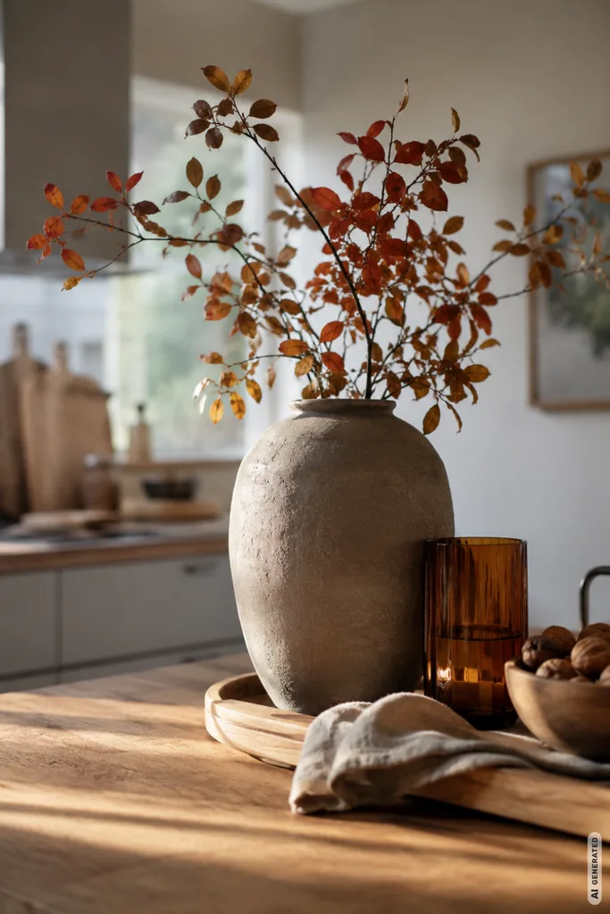 Moderne Herbstdeko für die Küche mit Keramikvase, Herbstzweigen, Holz und warmen Naturtönen.