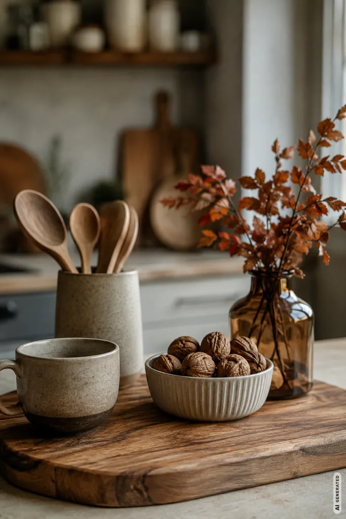 Moderne Herbstdeko für die Küche mit Holzbrett, Keramik, Walnüssen und herbstlichen Zweigen.