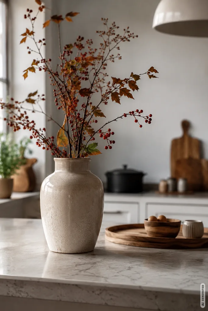 Moderne Herbstdeko für die Küche mit heller Keramikvase, herbstlichen Zweigen und natürlichem Tageslicht.