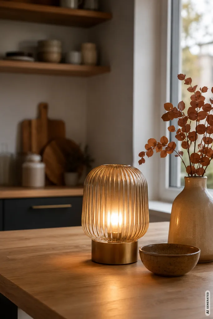 Moderne Herbstdeko für die Küche mit warmer Tischleuchte, Keramikvase und herbstlichen Zweigen.