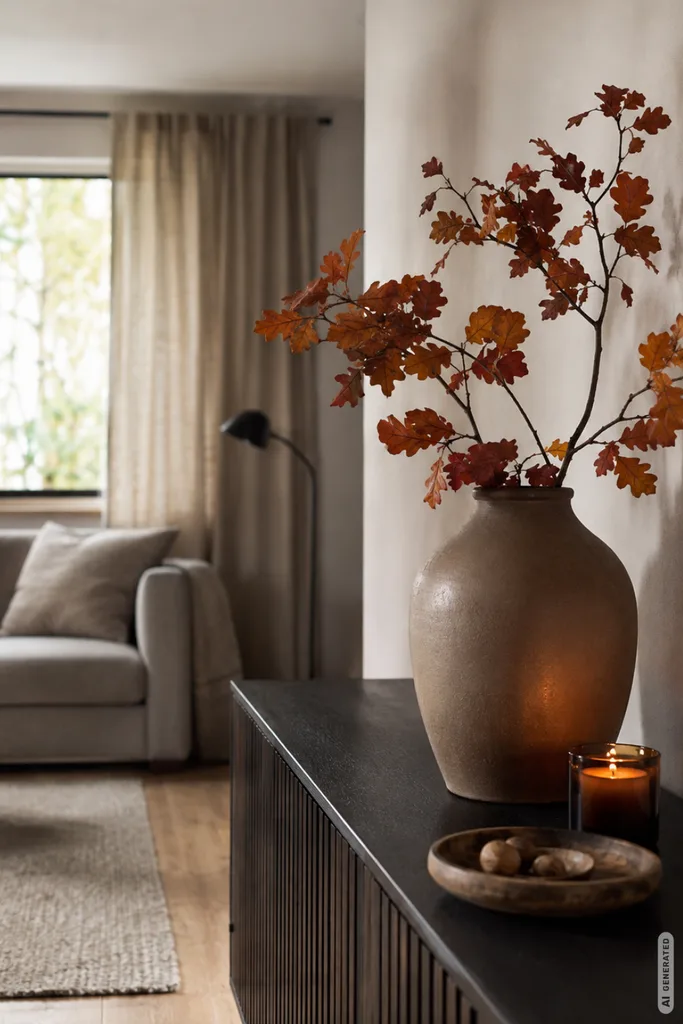 Moderne Herbstdeko für kleine Wohnzimmer mit Vase, Herbstzweigen und Kerze auf einem Sideboard.