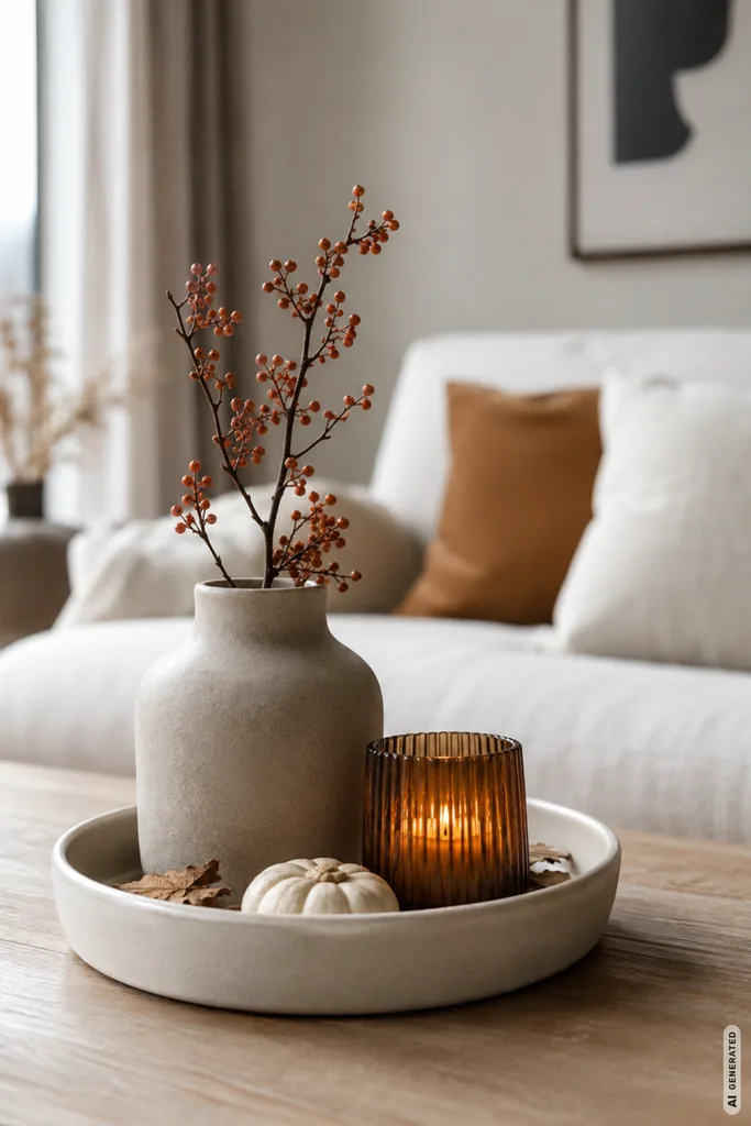 Moderne Herbstdeko für kleine Wohnzimmer mit Keramikvase, warmen Farben und dezenter Tischdekoration.