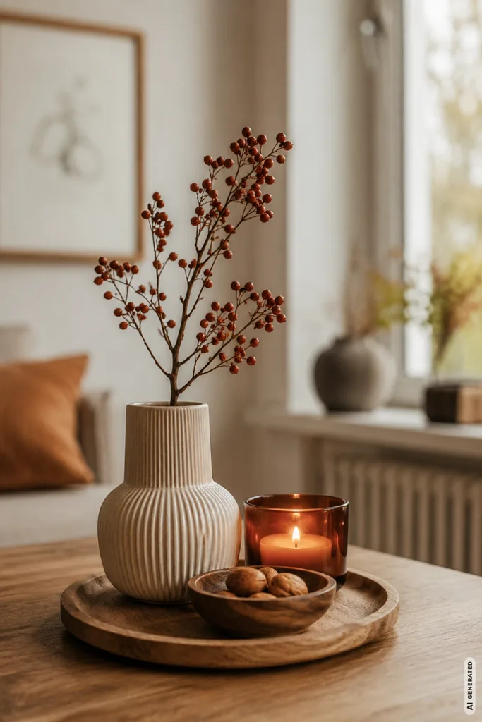 Moderne Herbstdeko für kleine Wohnzimmer mit Vase, Zweigen, Kerze und Holztablett.