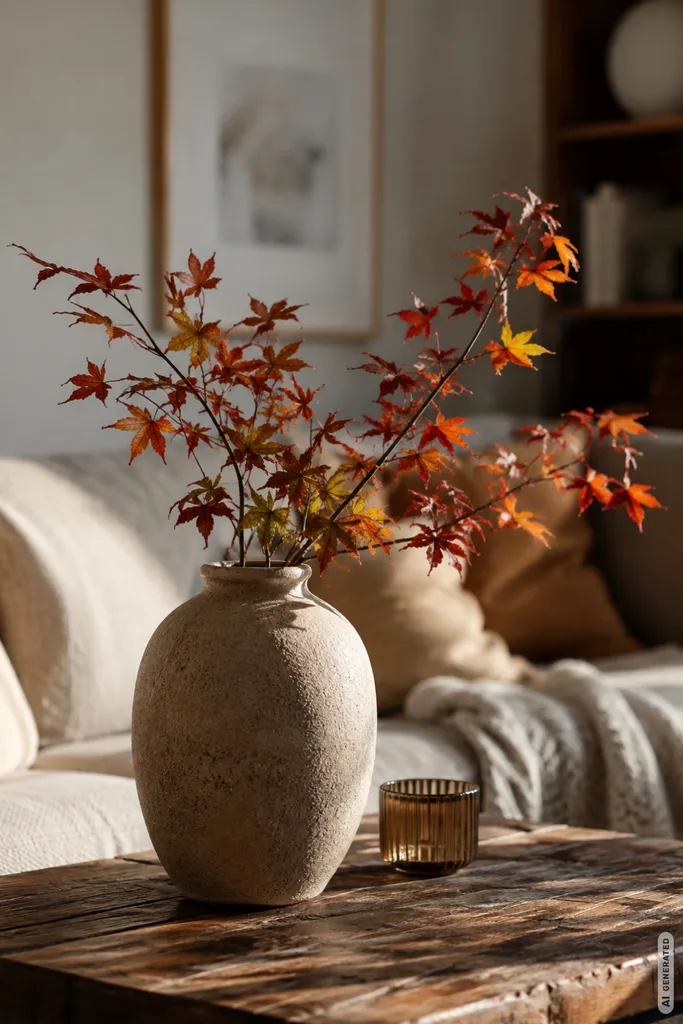 Moderne Herbstdeko für kleine Wohnzimmer mit Keramikvase, Herbstzweigen und warmen Naturmaterialien.