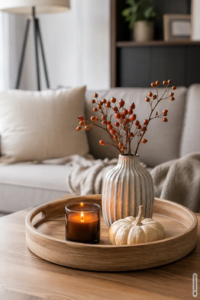 Moderne Herbstdeko für kleine Wohnzimmer mit Tablett, Kerze, Vase und Kürbis auf dem Couchtisch.