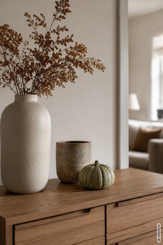 Moderne Herbstdeko auf der Kommode: 5 Ideen mit wenig Aufwand und viel Wirkung Moderne Herbstdeko für die Kommode mit Vase, Trockenblumen und kleinem Kürbis auf einem Holzsideboard.