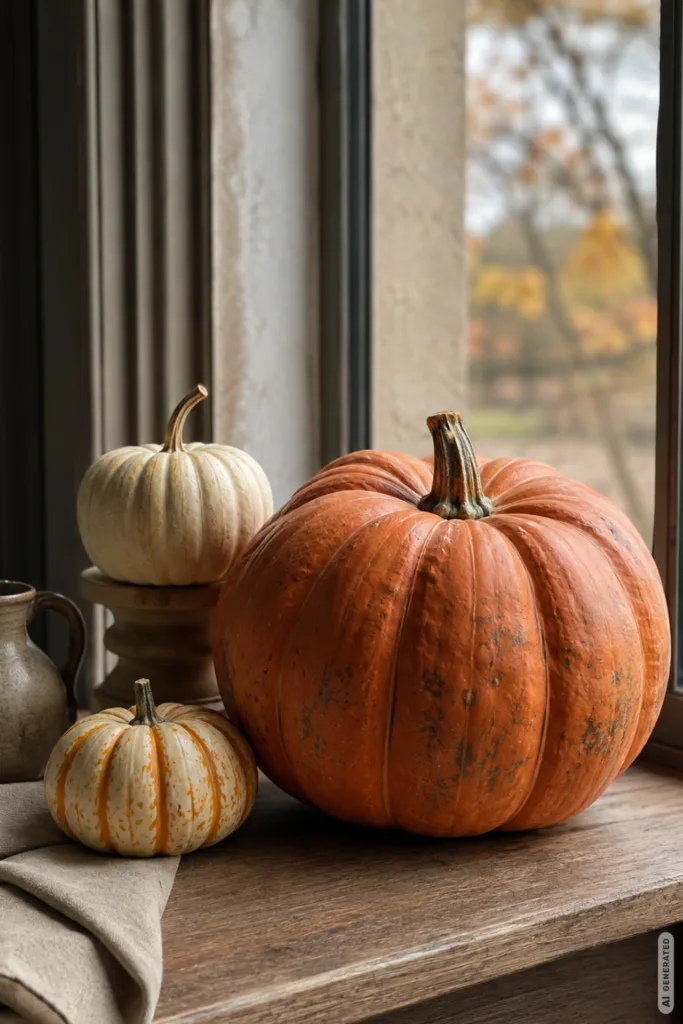 Herbstdeko für große Fenster – 5 Ideen für gemütliche Räume Herbstdeko für große Fenster mit gestaffelten Kürbissen auf einer breiten Fensterbank im weichen Tageslicht.