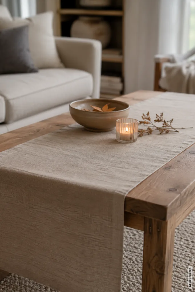 Herbstdeko für den Wohnzimmertisch mit Tischläufer, Kerze und Schale auf einem Holztisch im Wohnzimmer.