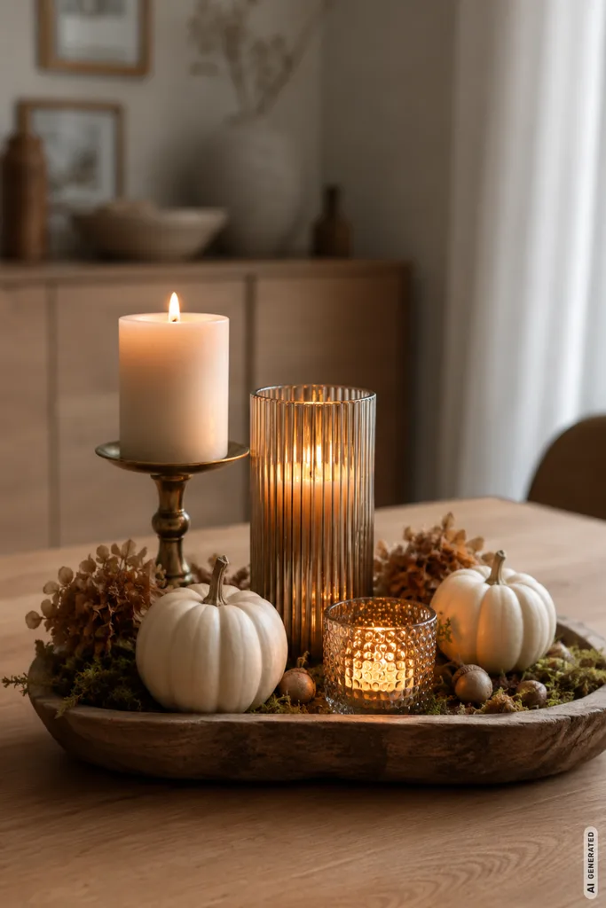 Moderne Herbstdeko für den Esstisch mit Kerzen, Kürbissen und natürlichen Materialien.