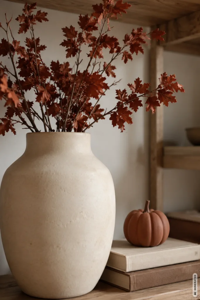 Herbstdeko fürs Regal mit großer Vase, Herbstzweigen, Büchern und kleinem Kürbis in warmen Naturtönen.