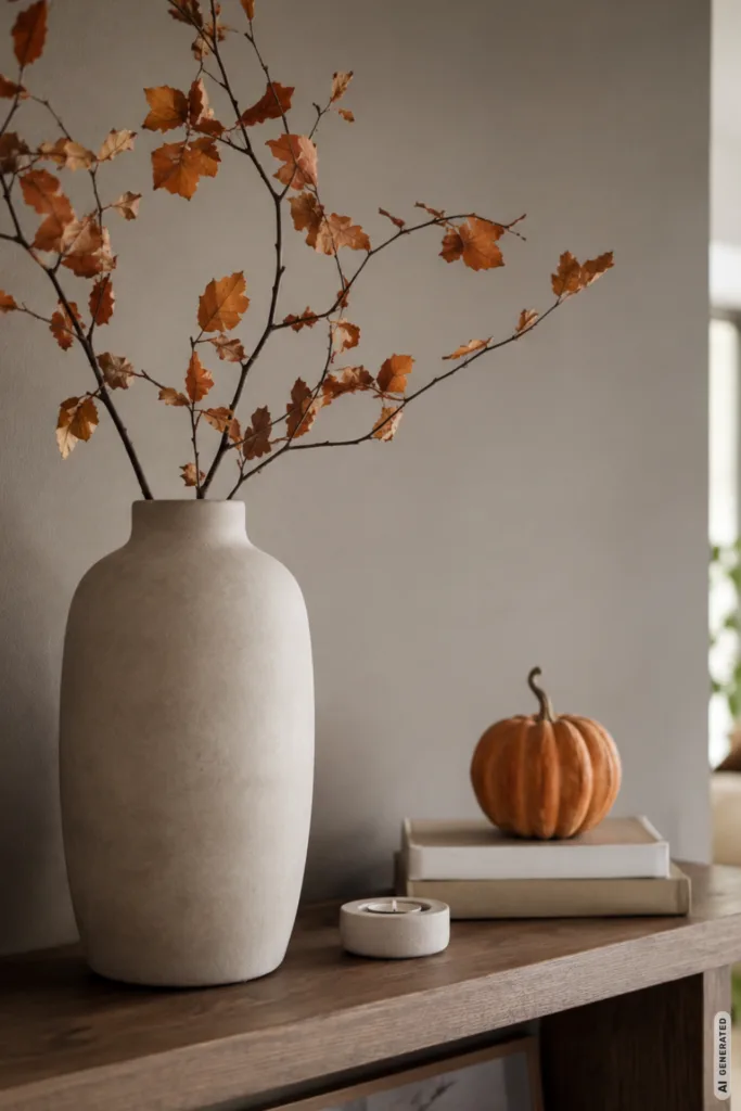 Herbstdeko fürs Regal mit hoher Vase, Zweigen, Büchern und Kürbis in ruhiger Anordnung.