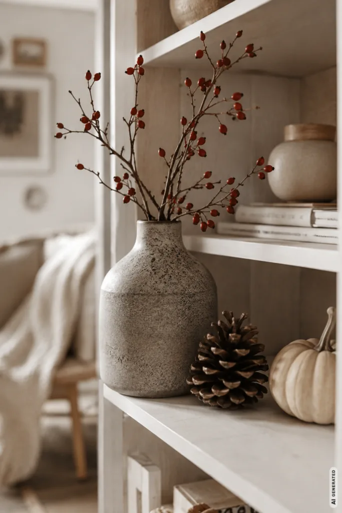 Herbstdeko fürs Regal mit Keramikvase, Hagebuttenzweigen, Zapfen und kleinem Kürbis.