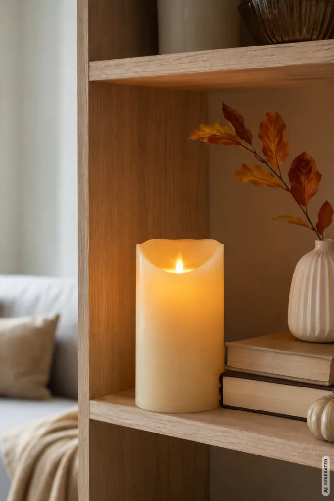 Herbstdeko fürs Regal mit LED-Kerze, Vase und Büchern in warmem Holzregal.
