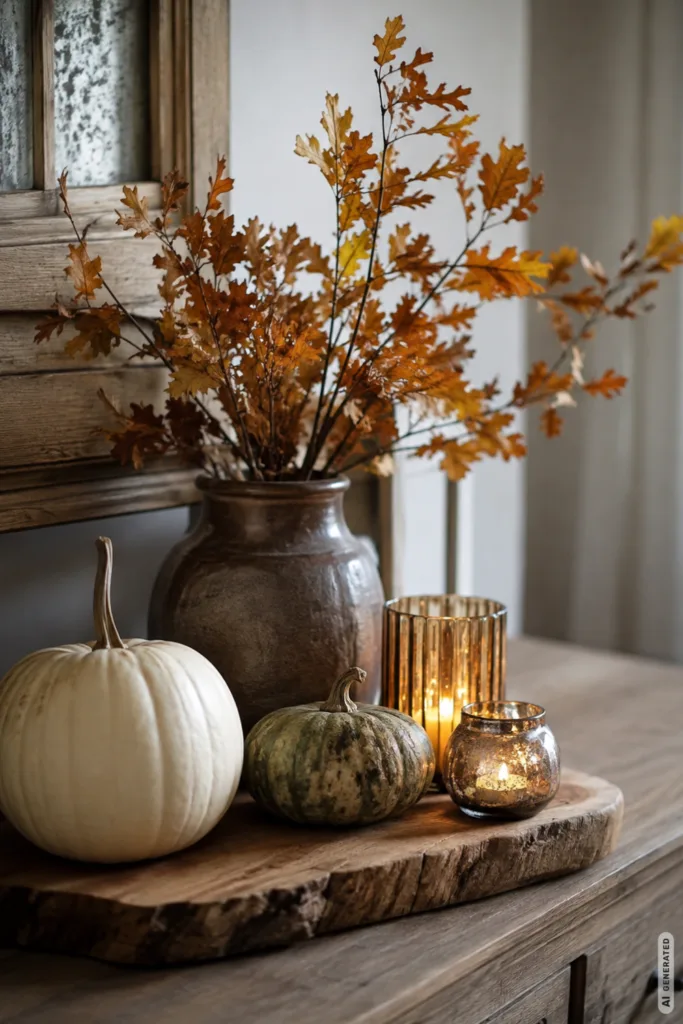 Herbstdeko für die Anrichte mit Kürbissen, Kerzen und Vase auf Holztablett in warmem Tageslicht.