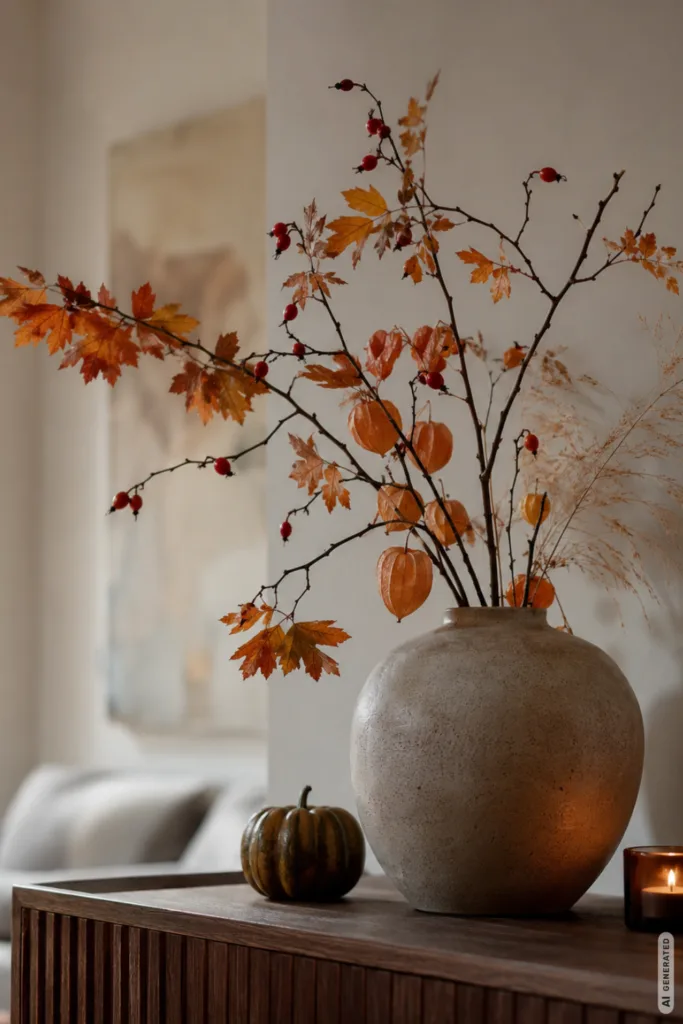 Herbstdeko für die Anrichte mit Vase, Herbstzweigen, kleinem Kürbis und Kerze im warmen Tageslicht.