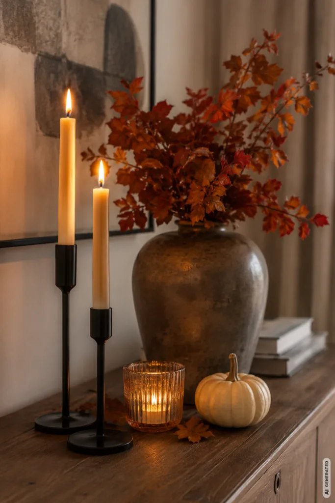 Herbstdeko für die Anrichte mit Kerzen, Kürbis und herbstlichen Zweigen in warmen Farben.