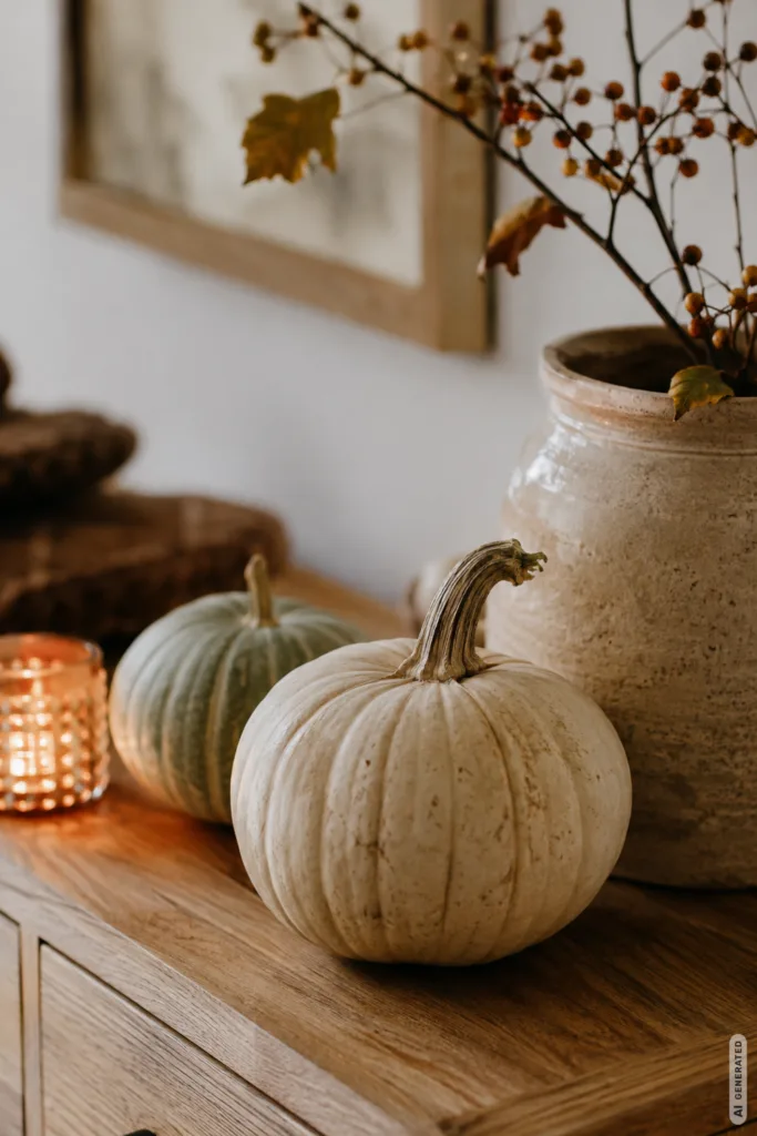Herbstdeko für die Anrichte mit hellen Kürbissen, Keramikvase und warmem Kerzenlicht.