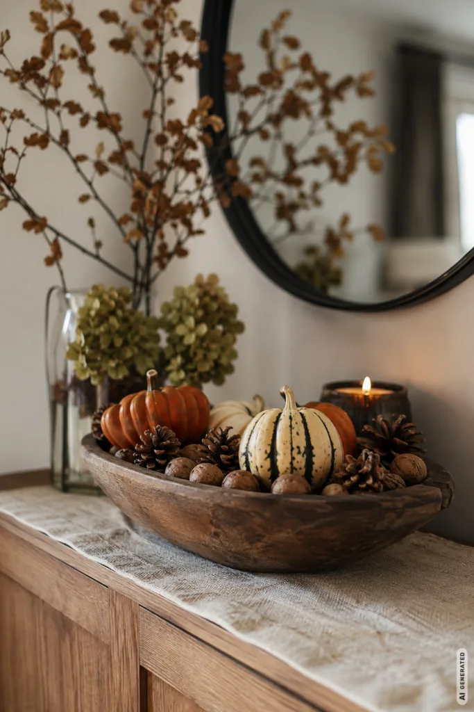 Herbstdeko für die Anrichte mit Kürbissen, Zapfen, Walnüssen, Zweigen und Kerzenlicht.