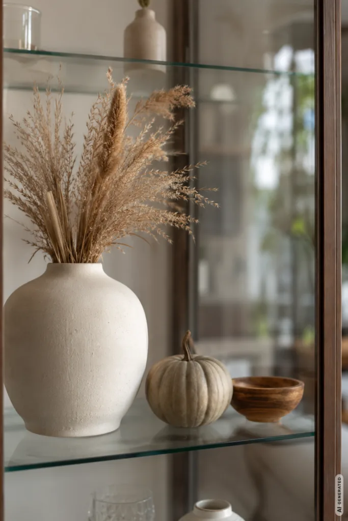 Herbstdeko für die Vitrine mit Keramikvase, Trockenblumen, kleinem Kürbis und Holzschale in ruhiger Gruppe.