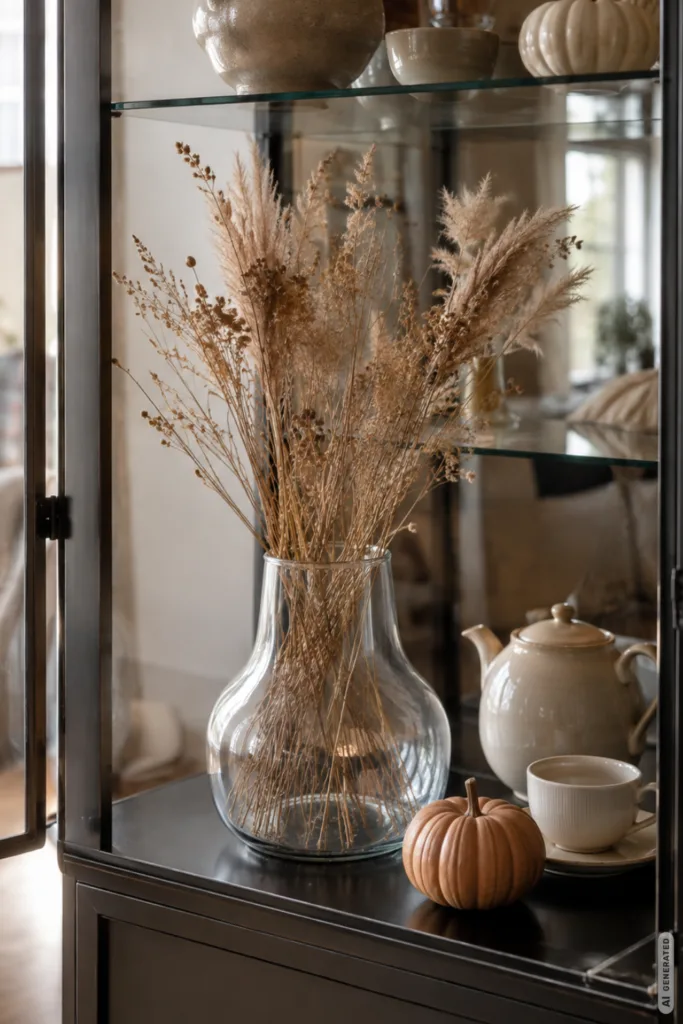 Herbstdeko für die Vitrine mit Glasvase, getrockneten Gräsern, Geschirr und kleinem Kürbis im Tageslicht.